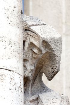 BARCELONA, SPAIN - MAY 13, 2016 : Details of Sagrada Familia, church  designed by Spanish architect Antoni Gaudi. Catholic church still built since March 1882, is a combination of Gothic style and curvilinear Art Nouveau forms.