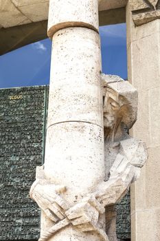 BARCELONA, SPAIN - MAY 13, 2016 : Details of Sagrada Familia, church  designed by Spanish architect Antoni Gaudi. Catholic church still built since March 1882, is a combination of Gothic style and curvilinear Art Nouveau forms.