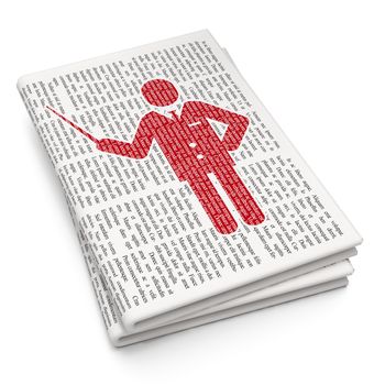 Studying concept: Pixelated red Teacher icon on Newspaper background, 3D rendering