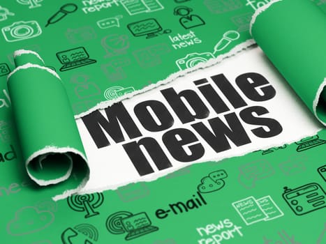 News concept: black text Mobile News under the curled piece of Green torn paper with  Hand Drawn News Icons, 3D rendering
