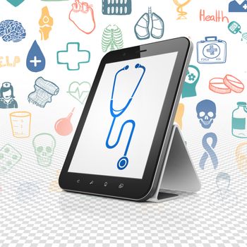 Medicine concept: Tablet Computer with  blue Stethoscope icon on display,  Hand Drawn Medicine Icons background, 3D rendering