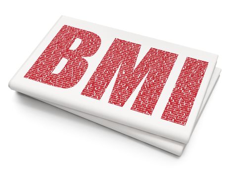 Health concept: Pixelated red text BMI on Blank Newspaper background, 3D rendering