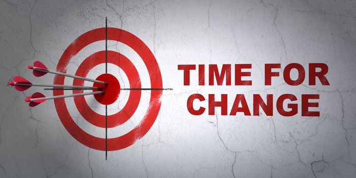 Success timeline concept: arrows hitting the center of target, Red Time for Change on wall background, 3D rendering