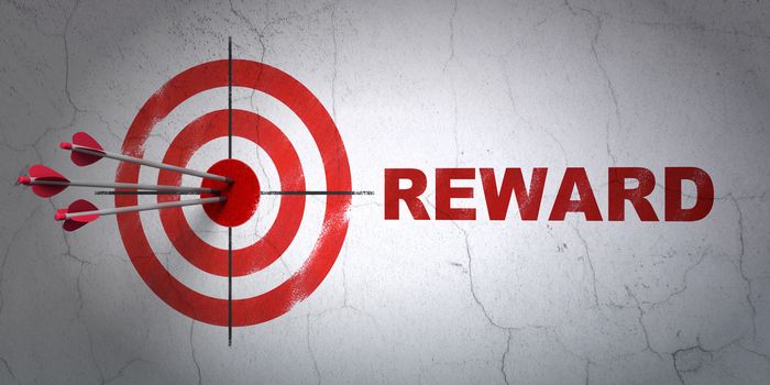 Success finance concept: arrows hitting the center of target, Red Reward on wall background, 3D rendering