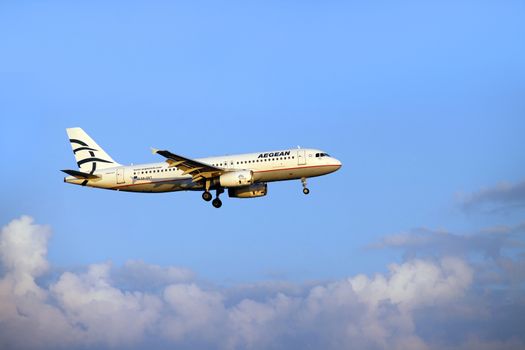 Larnaca, Cyprus - May 29, 2016: Aegean Airlines Airbus A320 lands in Larnaca International Airport. It is the largest Greek airline 