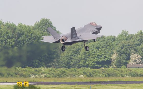 LEEUWARDEN, THE NETHERLANDS -MAY 26: F-35 fighter during it's first test in Europe on May 26, 2016 in Leeuwarden. It is the world's most advanced multi-role fighter.