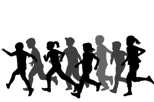 Children silhouettes running on white background