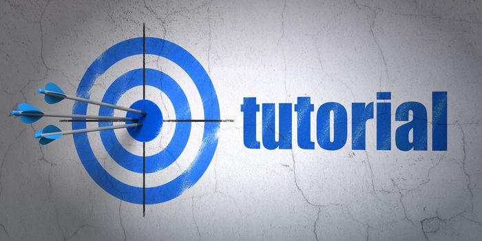 Success Learning concept: arrows hitting the center of target, Blue Tutorial on wall background, 3D rendering