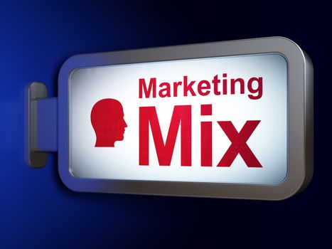 Marketing concept: Marketing Mix and Head on advertising billboard background, 3D rendering