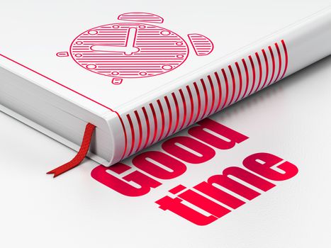 Time concept: closed book with Red Alarm Clock icon and text Good Time on floor, white background, 3D rendering