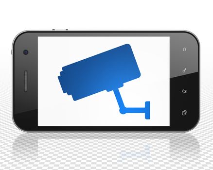 Protection concept: Smartphone with blue Cctv Camera icon on display, 3D rendering