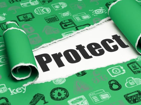 Security concept: black text Protect under the curled piece of Green torn paper with  Hand Drawn Security Icons, 3D rendering