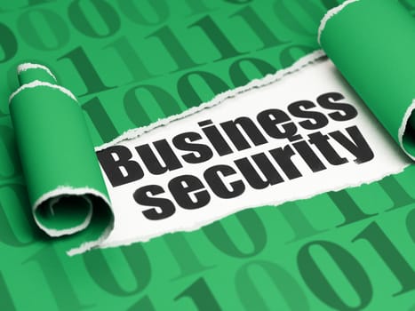 Security concept: black text Business Security under the curled piece of Green torn paper with  Binary Code, 3D rendering