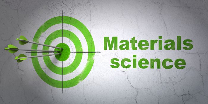 Success Science concept: arrows hitting the center of target, Green Materials Science on wall background, 3D rendering