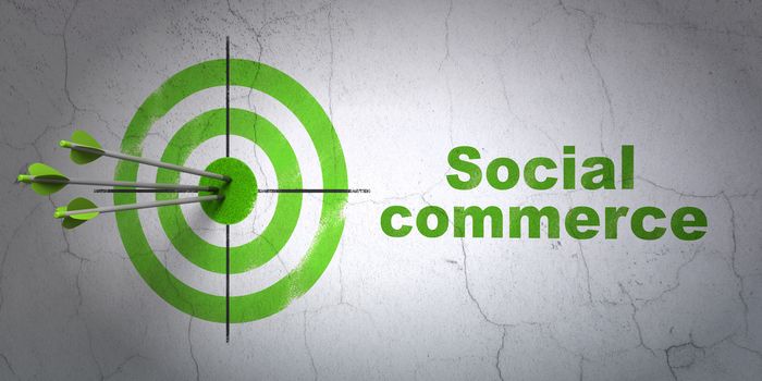 Success marketing concept: arrows hitting the center of target, Green Social Commerce on wall background, 3D rendering