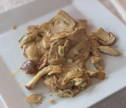 In the pictured scallops of veal with mushrooms (Porcini) close up from above.