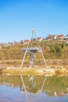 Poppwenweiler, Germany - February 27, 2016: Natural reserve "Zugwiesen" tower near Poppenweiler, Ludwigsburg, Germany