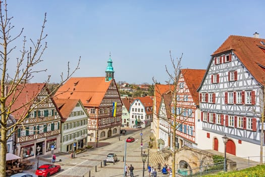Backnang, Germany - April 3, 2016: City center with townhall and half-timbered houses