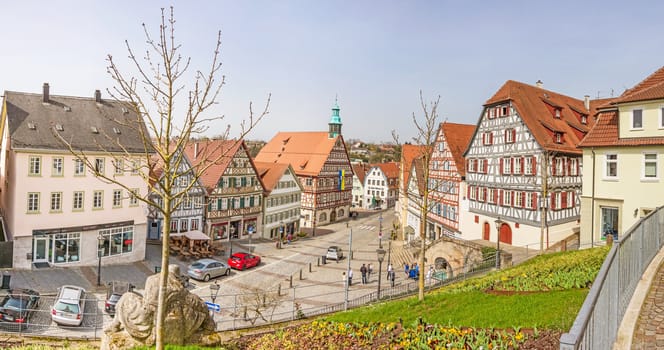 Backnang, Germany - April 3, 2016: City center panorama with townhall and half-timbered houses