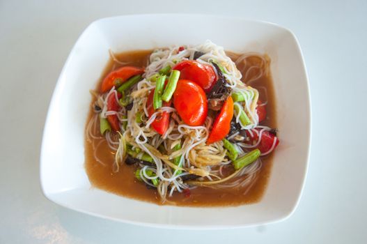 Green papaya salad is a spicy salad made from shredded unripe papaya. It is of Lao origin but it is also eaten throughout Southeast Asia. Locally known in Cambodia as bok l'hong in Laos as tam som or the more specific name tam maak hoong , Lao pronunciation, in Thailand as som tam and in Vietnam as goi du du. Som tam, the Thai variation, was listed at number 46 on World's 50 most delicious foods compiled by CNN Go in 2011