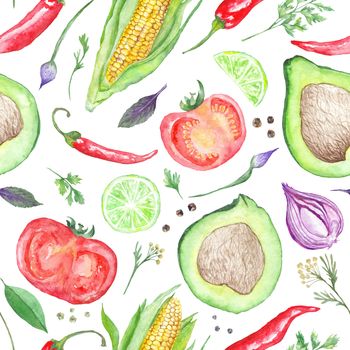 Seamless watercolor texture with vegan healthy food of mexican cuisine on white background