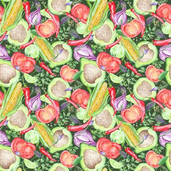 Hand-painted vegetarian pattern with mexican cuisine detailed illustrations on green background