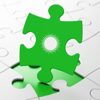 Travel concept: Sun on Green puzzle pieces background, 3D rendering
