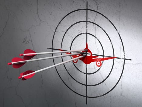 Success vacation concept: arrows hitting the center of Red Aircraft target on wall background, 3D rendering