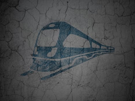 Travel concept: Blue Train on grunge textured concrete wall background