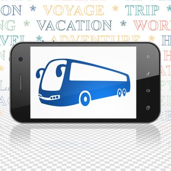 Tourism concept: Smartphone with  blue Bus icon on display,  Tag Cloud background, 3D rendering