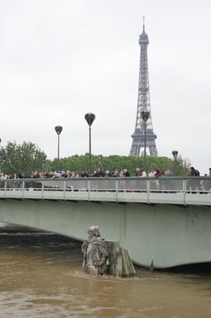 Zouave statue is most famous feature of Pont de Alma, Zouave statue shows how high Seine has risen.