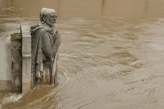 Zouave statue is most famous feature of Pont de Alma, Zouave statue shows how high Seine has risen.