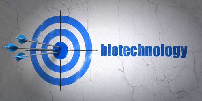 Success Science concept: arrows hitting the center of target, Blue Biotechnology on wall background, 3D rendering