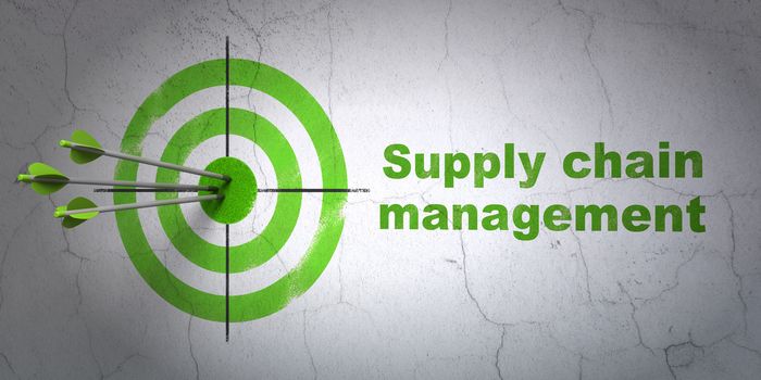 Success advertising concept: arrows hitting the center of target, Green Supply Chain Management on wall background, 3D rendering