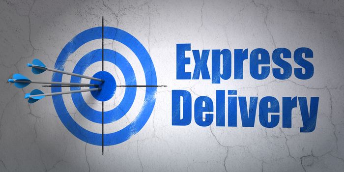 Success business concept: arrows hitting the center of target, Blue Express Delivery on wall background, 3D rendering