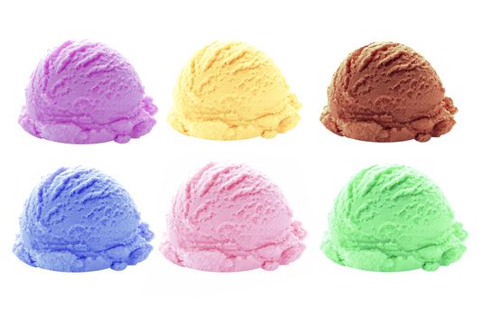 Collection of flavored ice cream scoops isolated on a white background