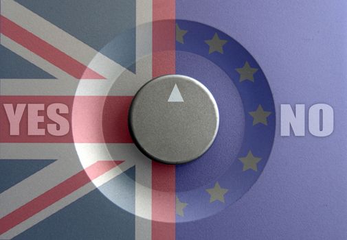 Dial pointer inbetween British and European flags with brexit question