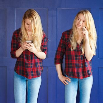 Girl in a red shirt talking on the phone and typing a message near the blue wall. Diptych
