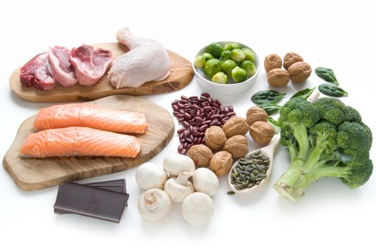 Foods sources for iron including meat, fish, pulses and seeds