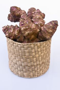 Topinambur root with basket isolated on white background. Also known as Jerusalem artichoke (Helianthus tuberosus). Edible rhizome native to North America with a taste similar to the artichoke.