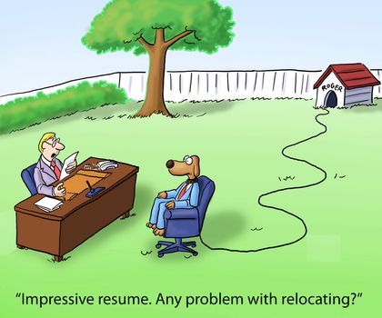 "Impressive resume. Any problem with relocating?" dog