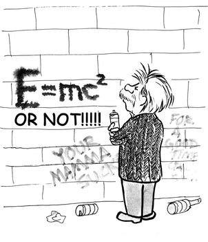 Einstein is solving his great energy equation with spray painted graffiti.