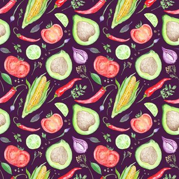 Seamless texture with detailed hand-painted vegetables and spices on maroon background