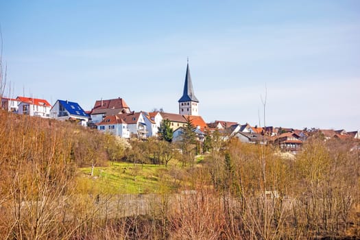 Village of Poppenweiler, view from natural reserve "Zugwiesen" at river Neckar