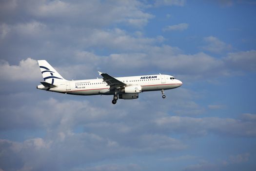 Larnaca, Cyprus - May 29, 2016: Aegean Airlines Airbus A320 lands at Larnaca International Airport. It is the largest Greek airline 