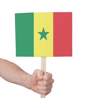 Hand holding small card, isolated on white - Flag of Senegal