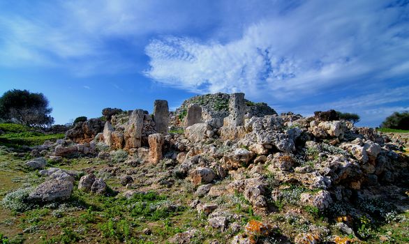 Megaliths Talaiot Settlement of So na Cacana in Sunny Day Outdoors, Menorca, Balearic Islands

