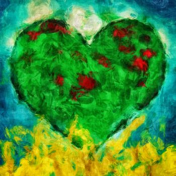 Graphic illustration of a green heart with blue and golden background