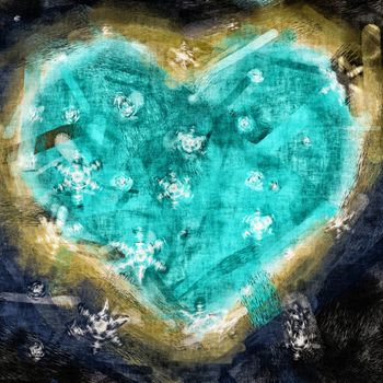 Graphic illustration of a heart with snow flakes