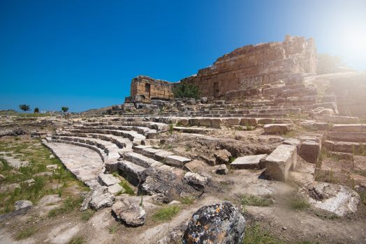 Pammukale, Turkey - July, 2015: photo of ancient city Hierapolis, near modern turkey city Denizli